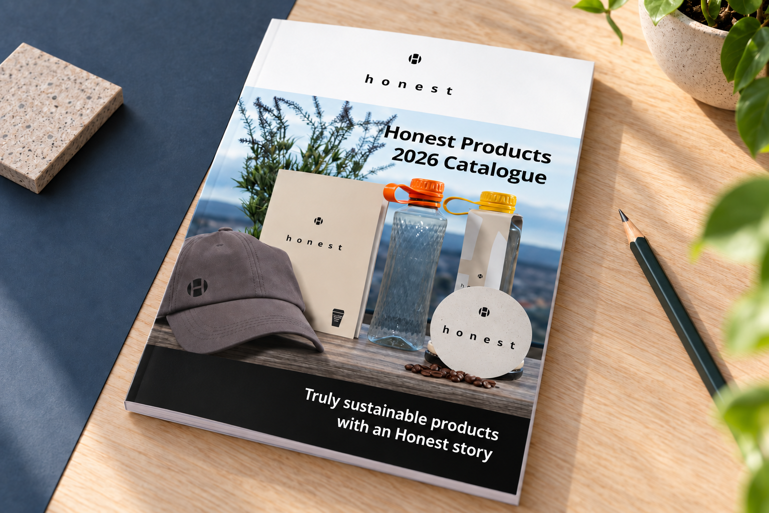 Illustrative mock-up of the Honest Products 2026 Catalogue lying on a desk, its cover showing Honest drinkware, a cap and the strapline 'Truly sustainable products with an Honest story'.