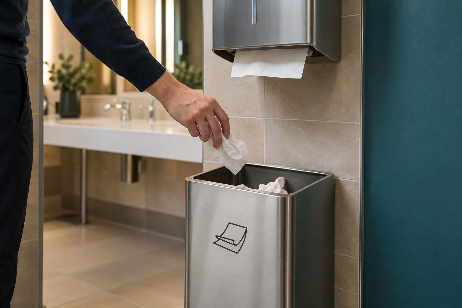 Illustrative image of a used paper hand towel being placed in a dedicated washroom collection receptacle