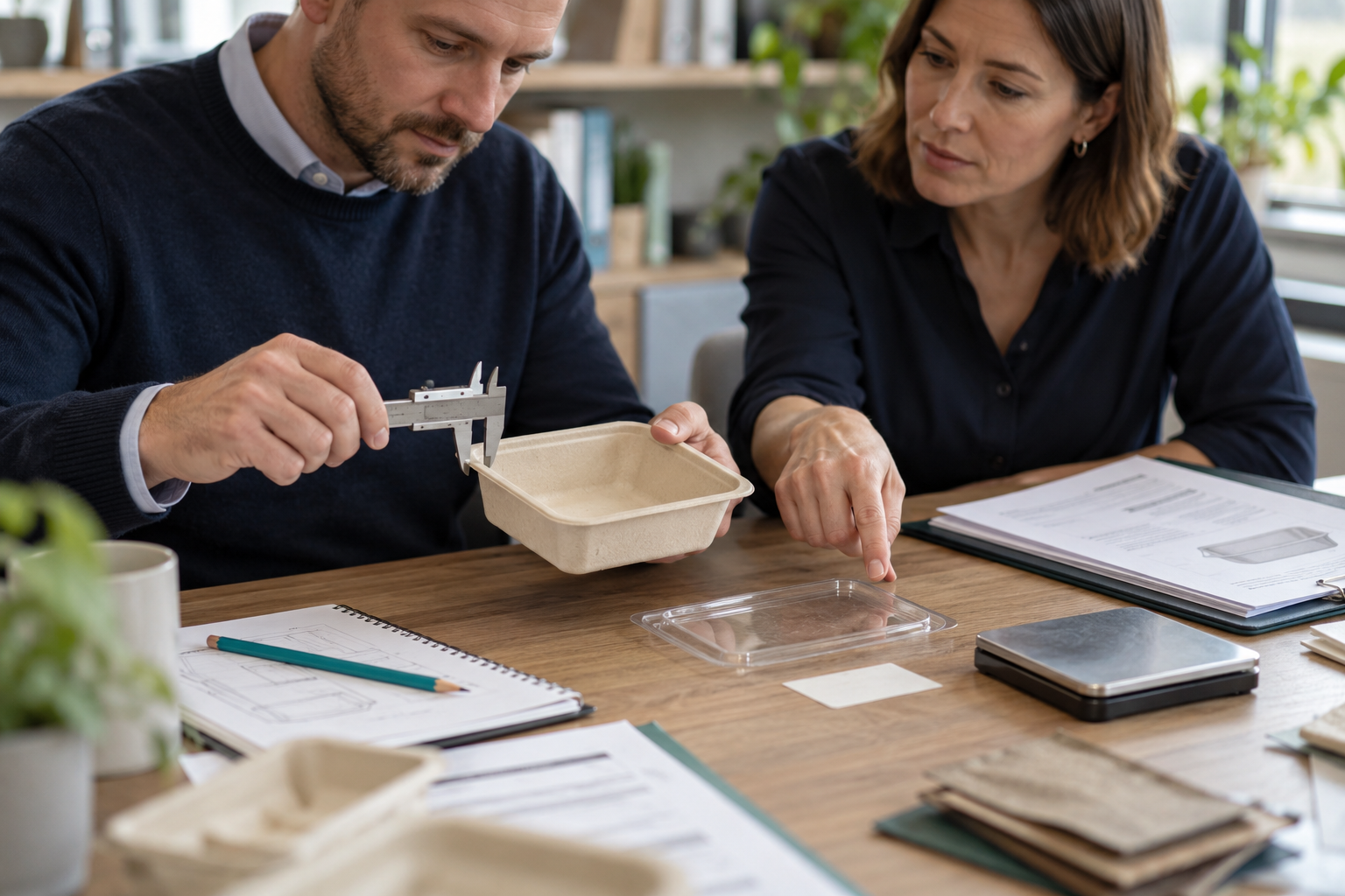 Illustrative image of two packaging professionals measuring a tray and reviewing its separate lid, label and specification documents