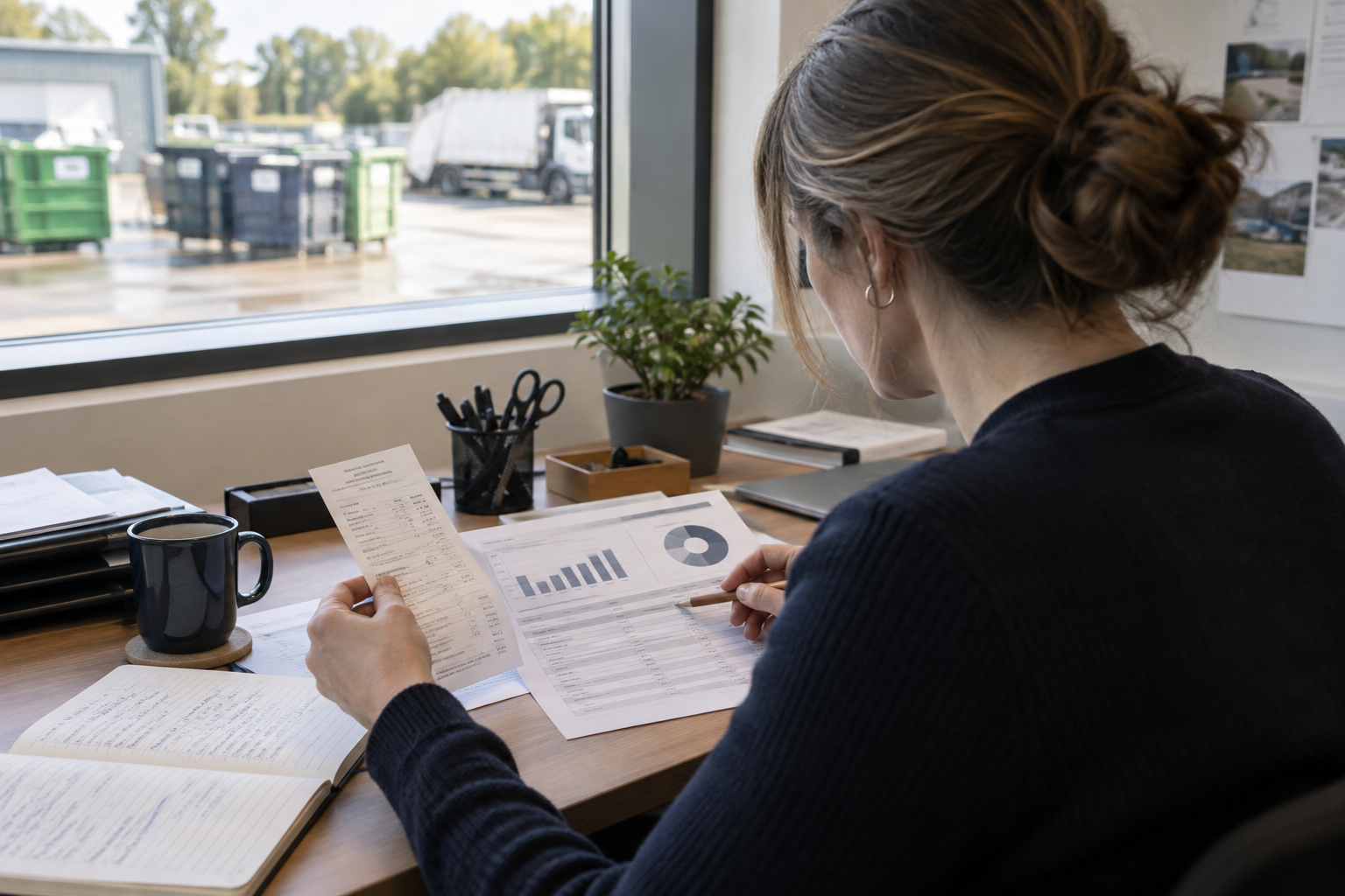 Illustrative image of an operations analyst comparing a printed waste report with a collection receipt and working notes