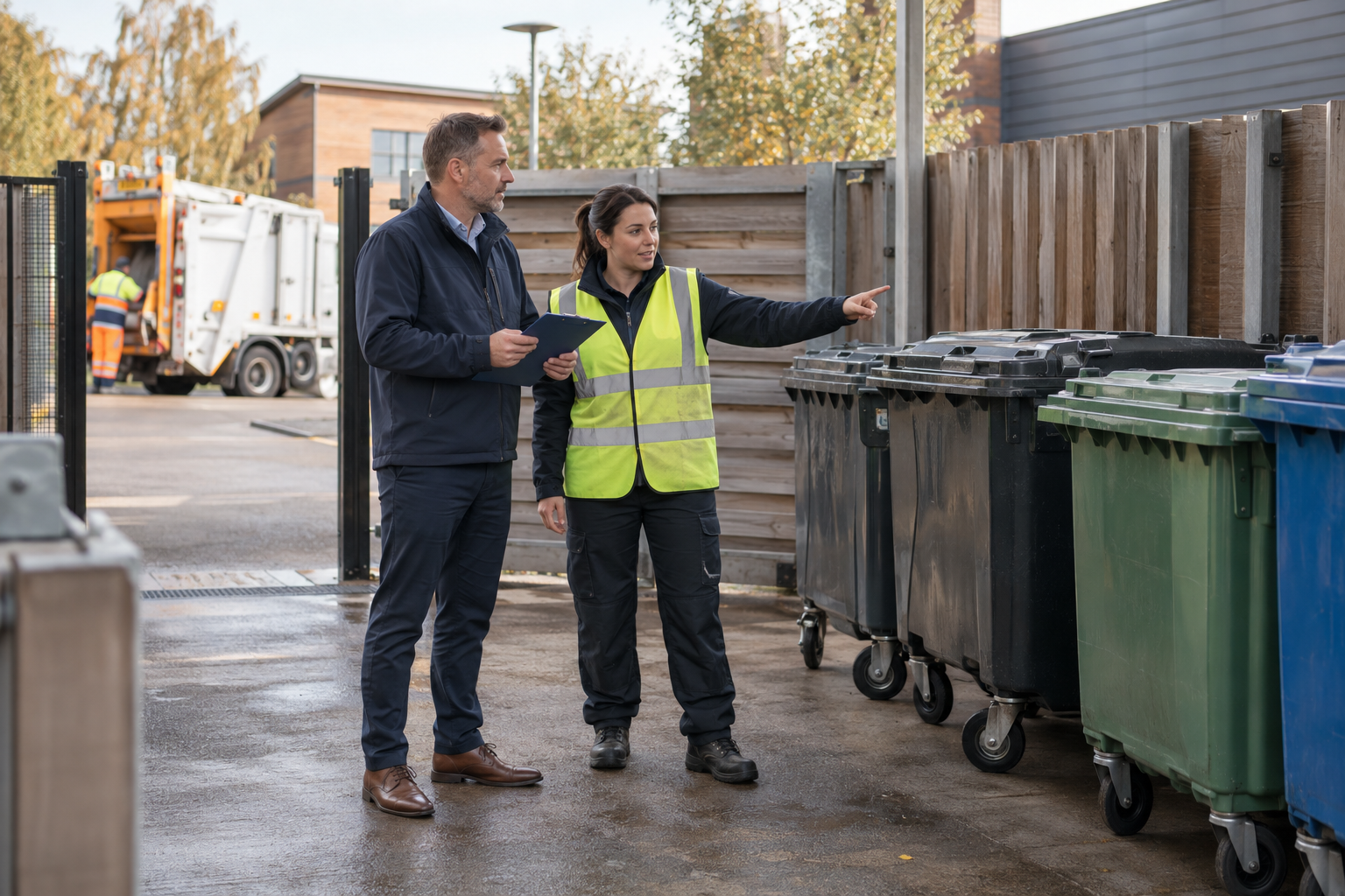 Illustrative image of a facilities manager and waste-service representative reviewing closed containers in a tidy bin store