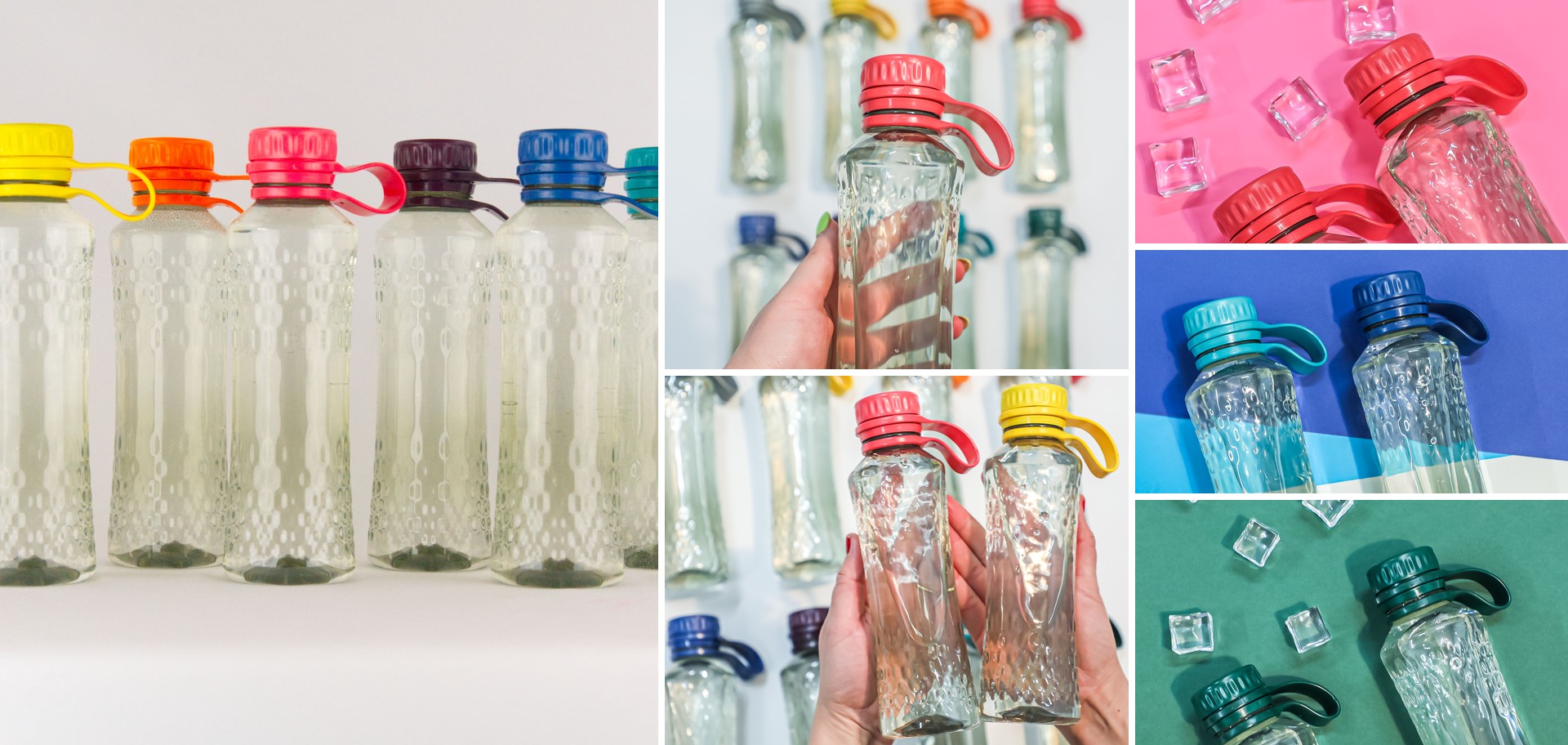 Four real views of the Honest Bottle, including finished bottles, recycled feedstock and product detail.