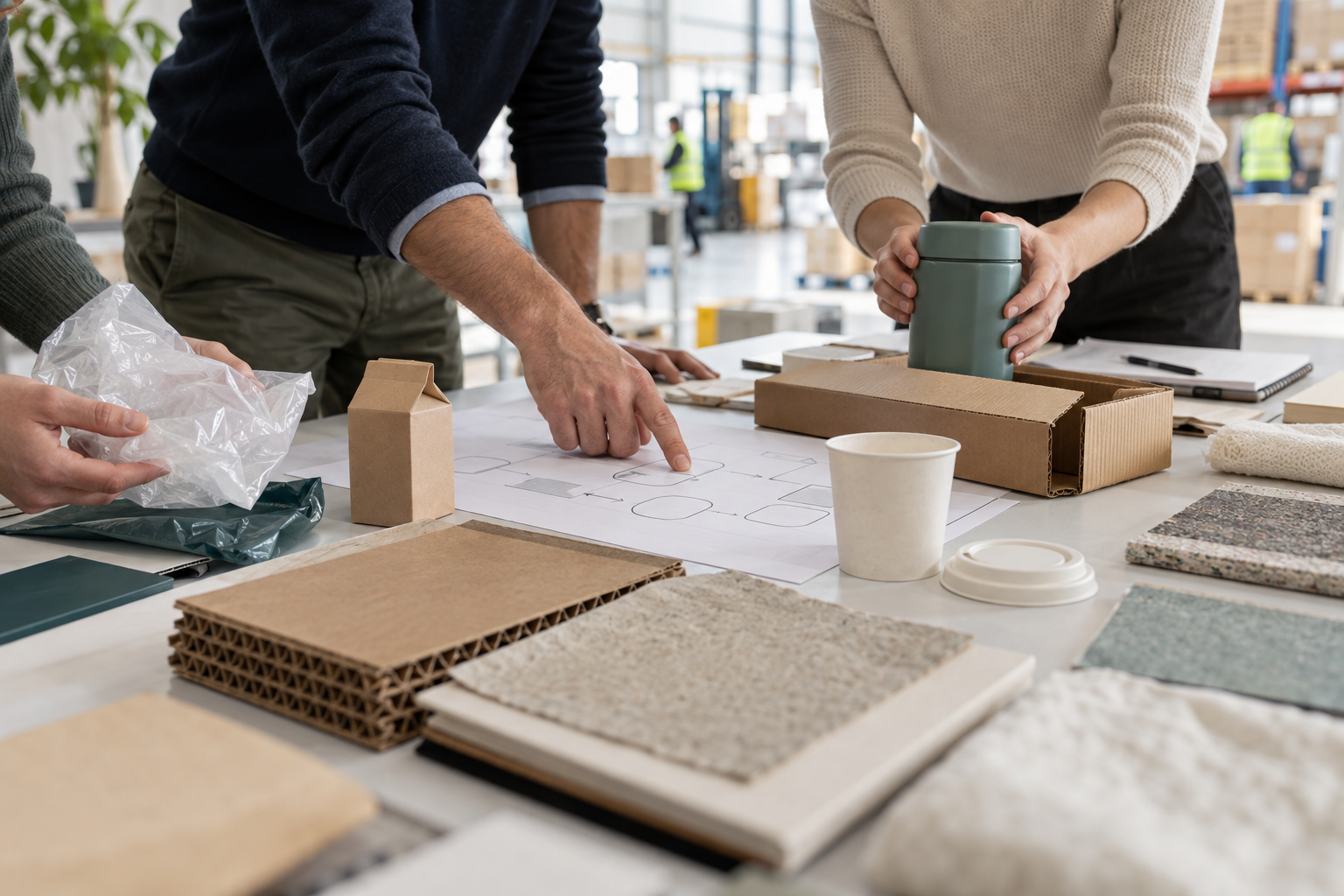 Illustrative concept of a collaborative review of packaging and material samples around a table, including a reusable cup, cardboard, plastics and material swatches.