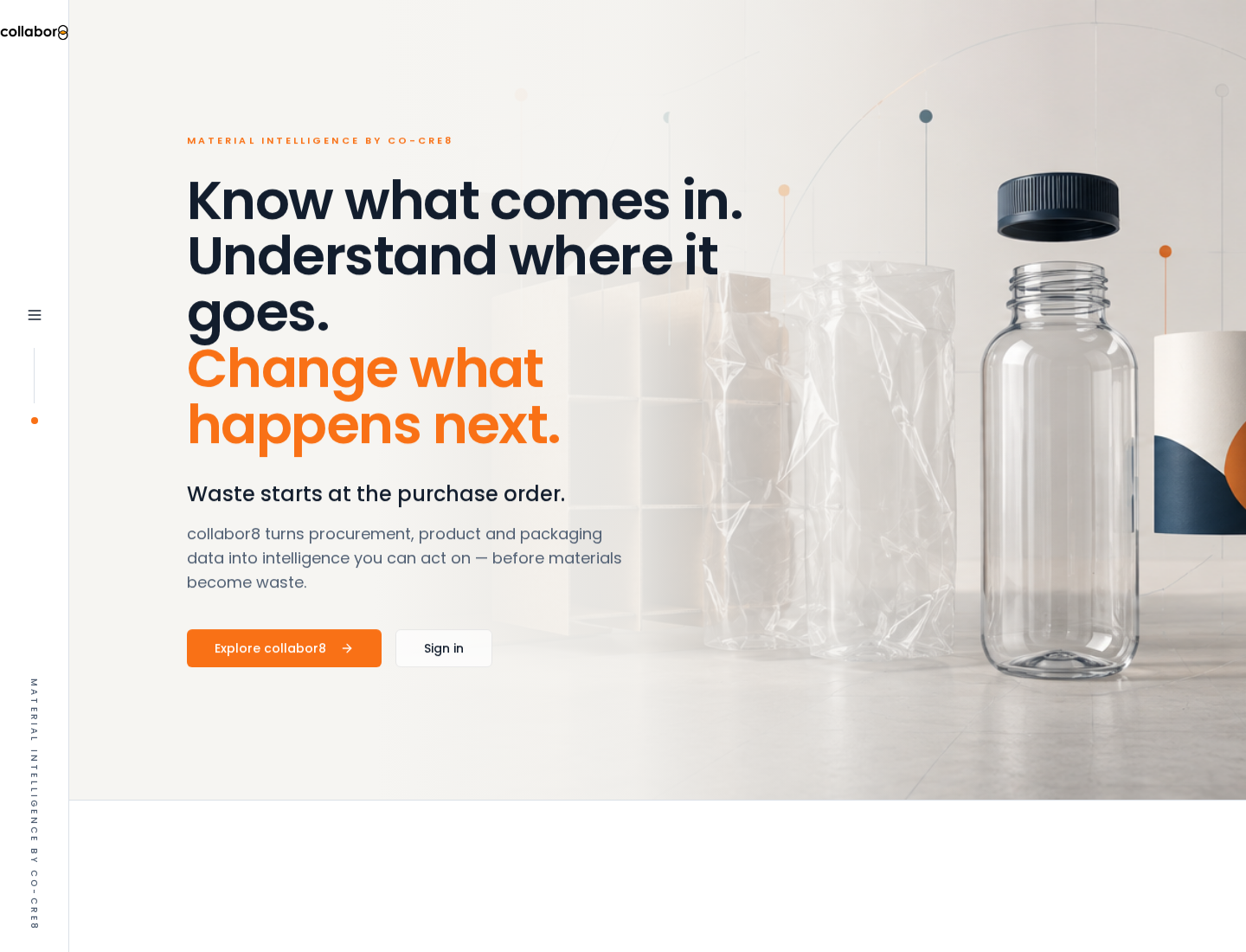 The public collabor8 website explaining how procurement, product and packaging data can reveal what comes in, where it goes and what should change next.