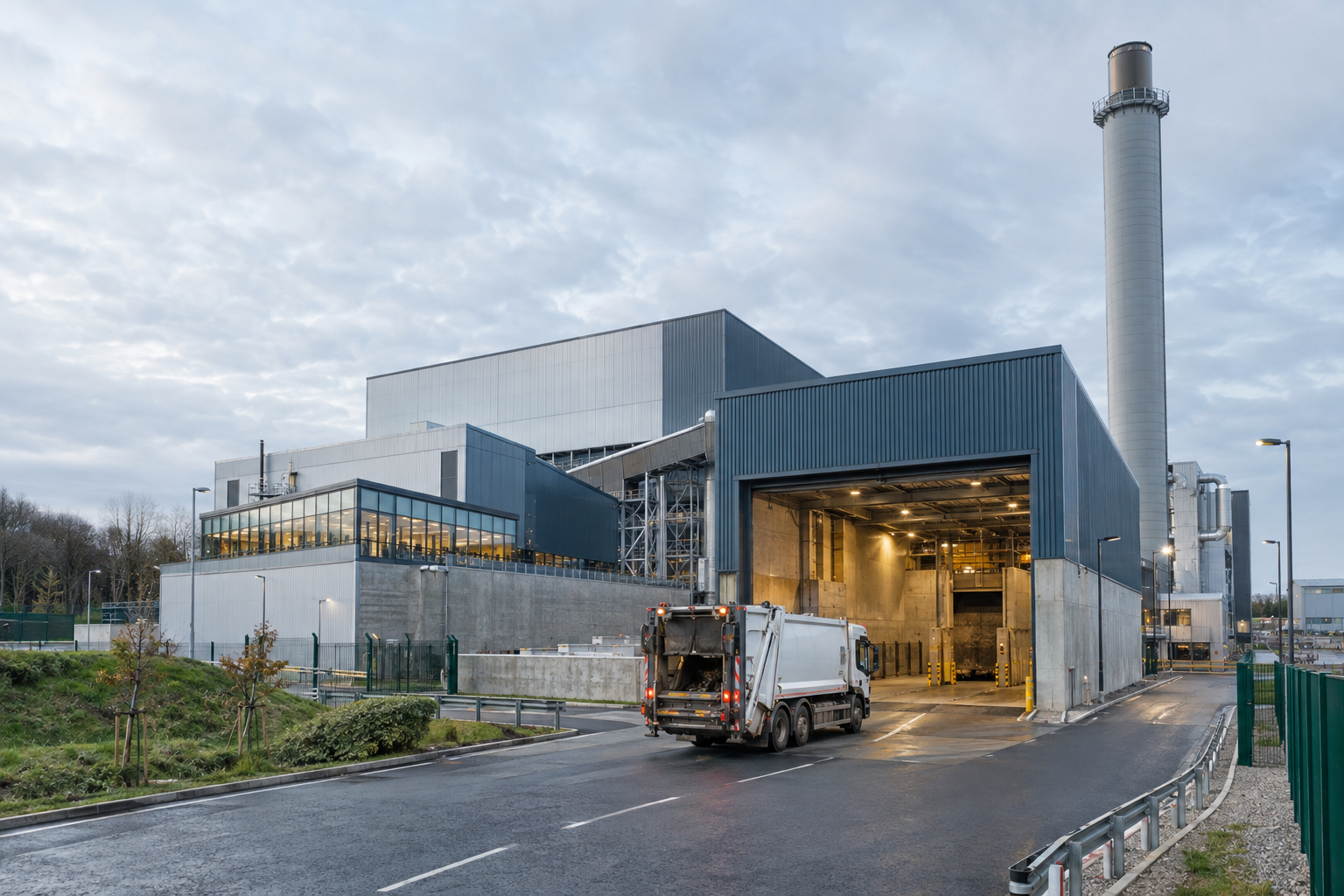 Illustrative image of a waste collection lorry approaching the enclosed reception hall of a modern energy-from-waste facility