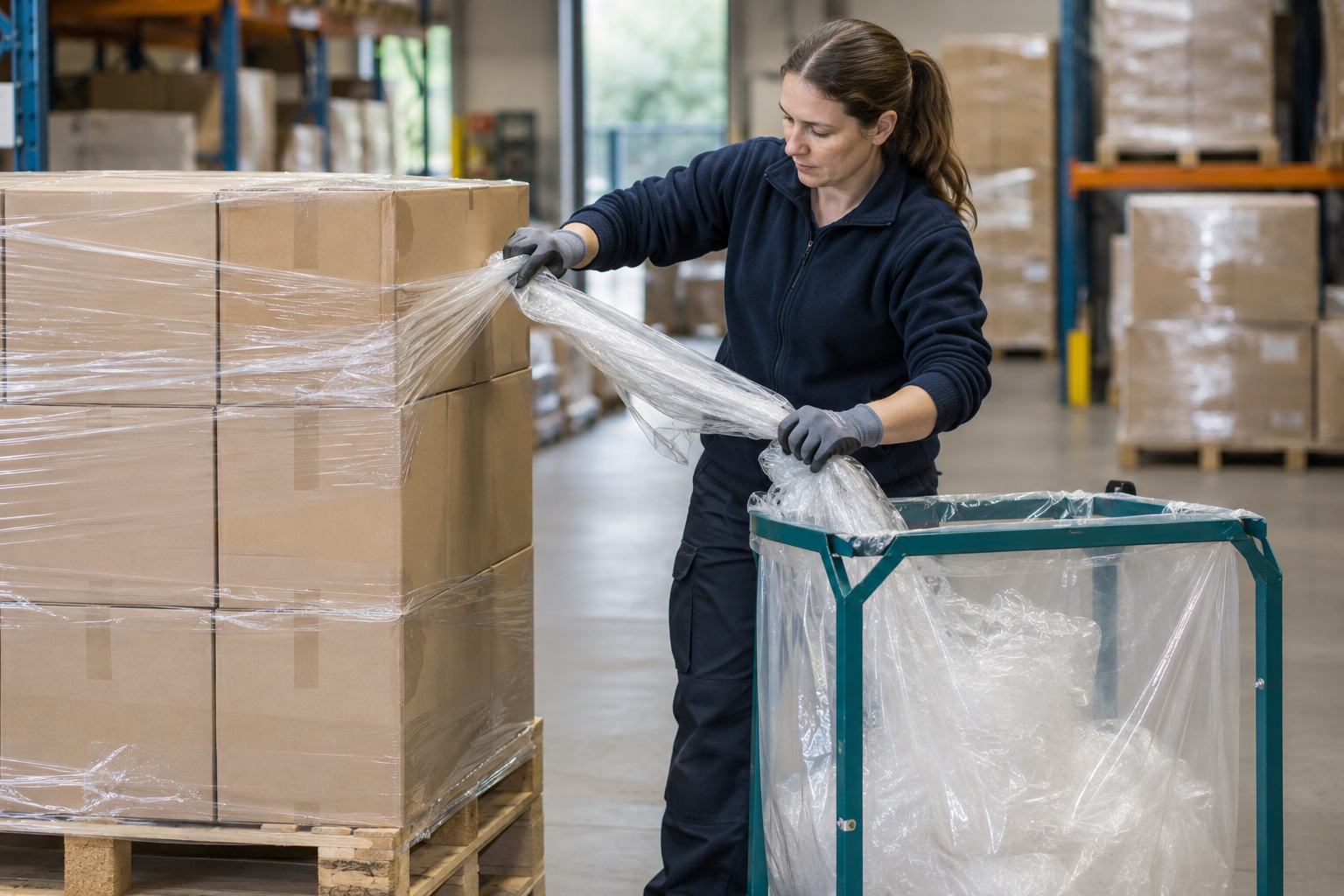 Illustrative image of a warehouse worker separating clean clear pallet wrap into a dedicated collection sack
