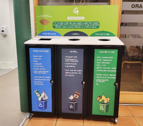 A three-stream Greenpeace recycling station for mixed recycling, landfill and food recycling