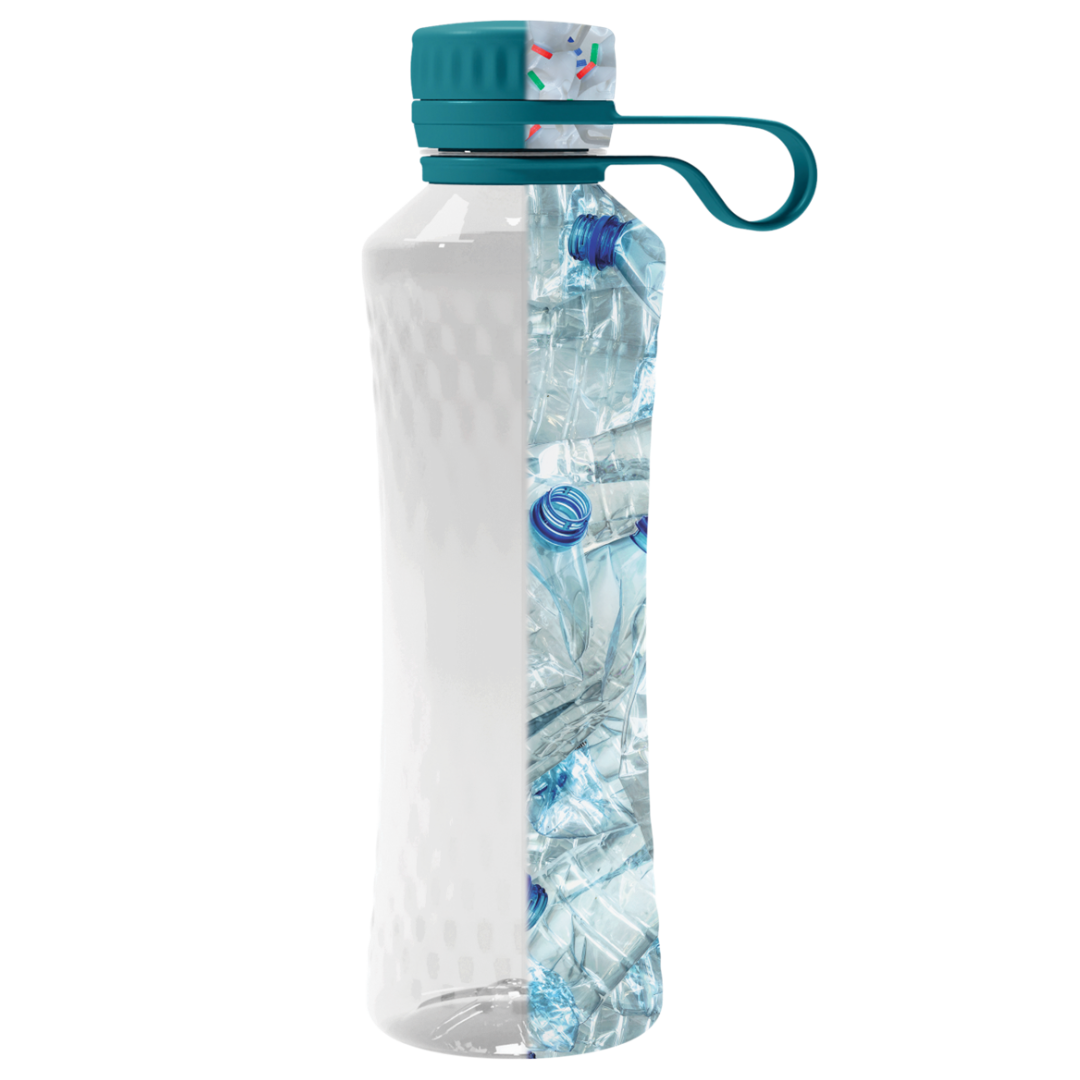 The Honest Bottle shown half as a finished reusable bottle and half as recovered plastic feedstock.