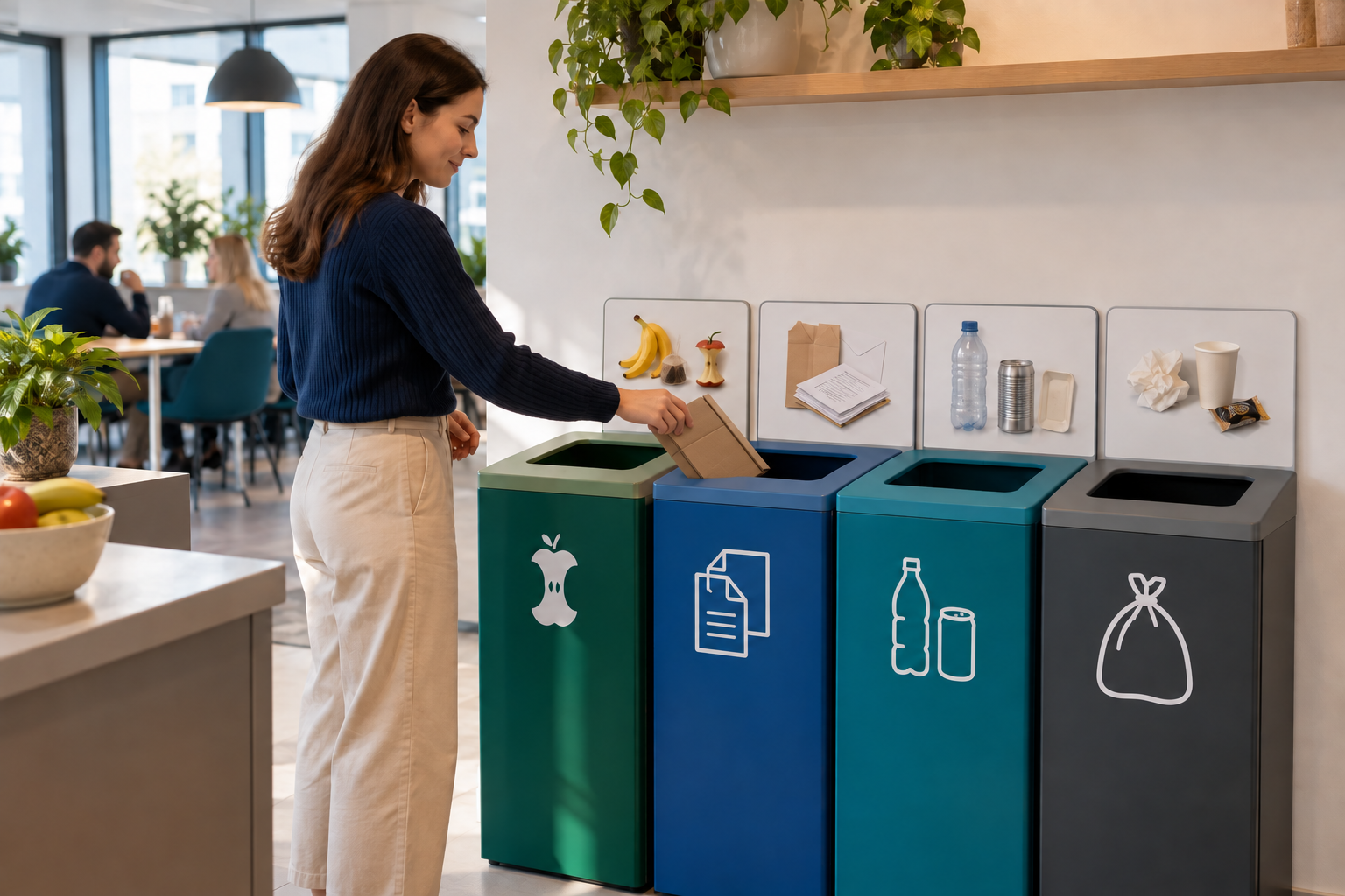 Illustrative image of a worker placing flattened brown cardboard into the paper and card bin in a four-stream workplace recycling station