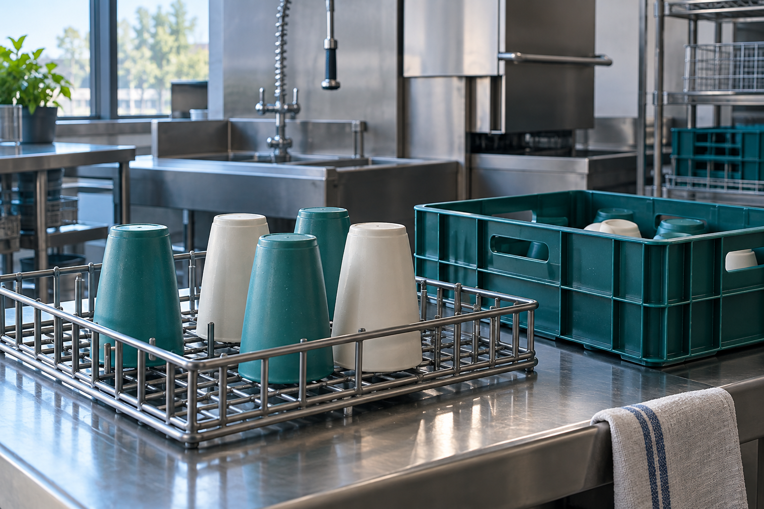 Reusable cups inverted in a stainless steel wash rack on a kitchen counter, with a teal returns crate of further cups alongside. Conceptual editorial illustration.