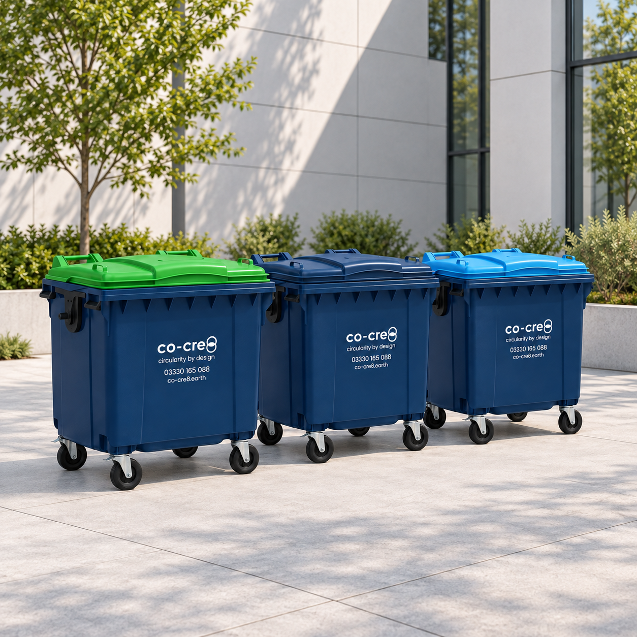 Illustrative concept showing three navy co-cre8 commercial bins with green, navy and light blue lids, including their wheels, outside a modern building.