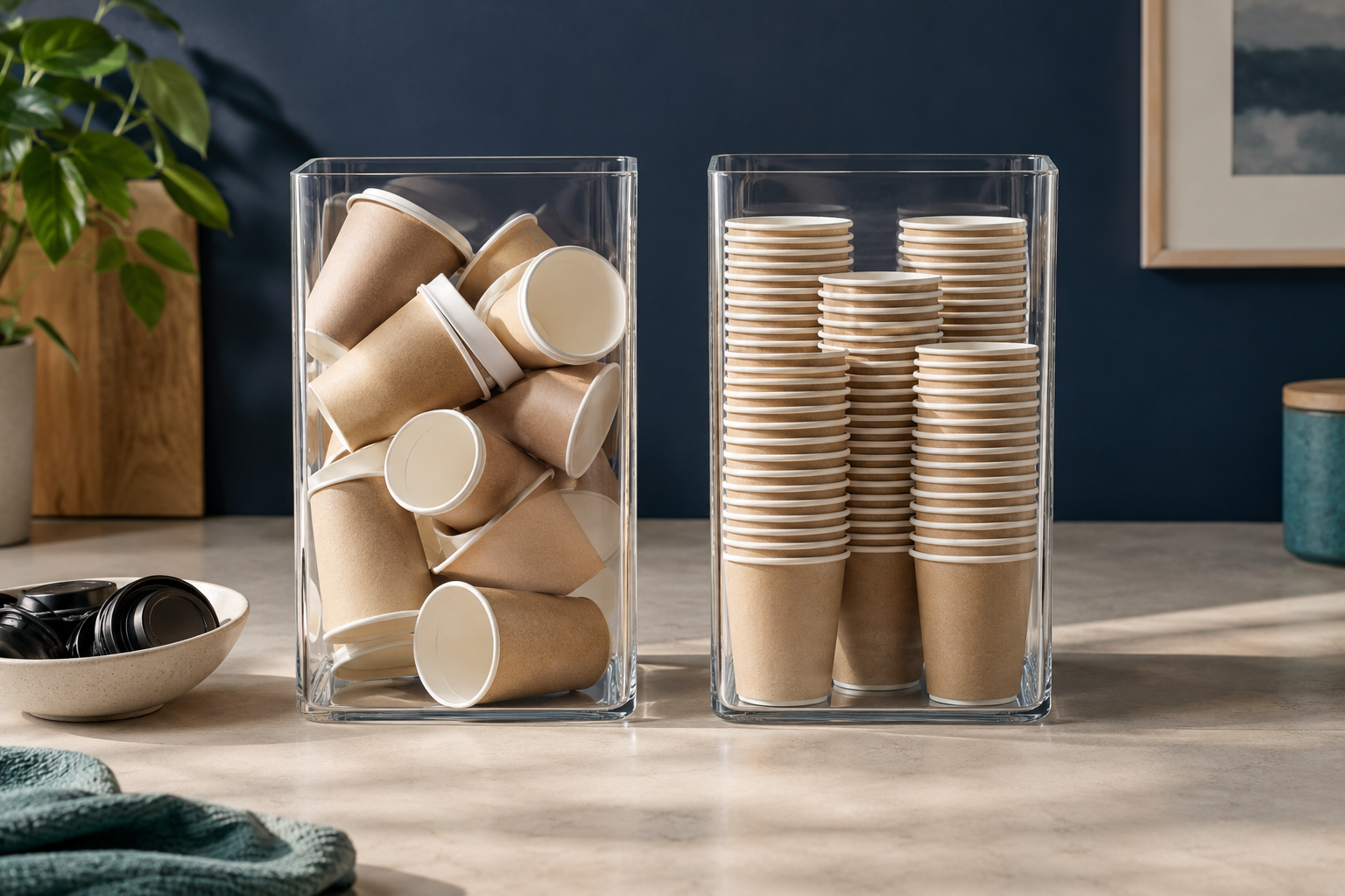 Illustrative image comparing loose paper cups with neatly nested stacks in two identical clear collection vessels