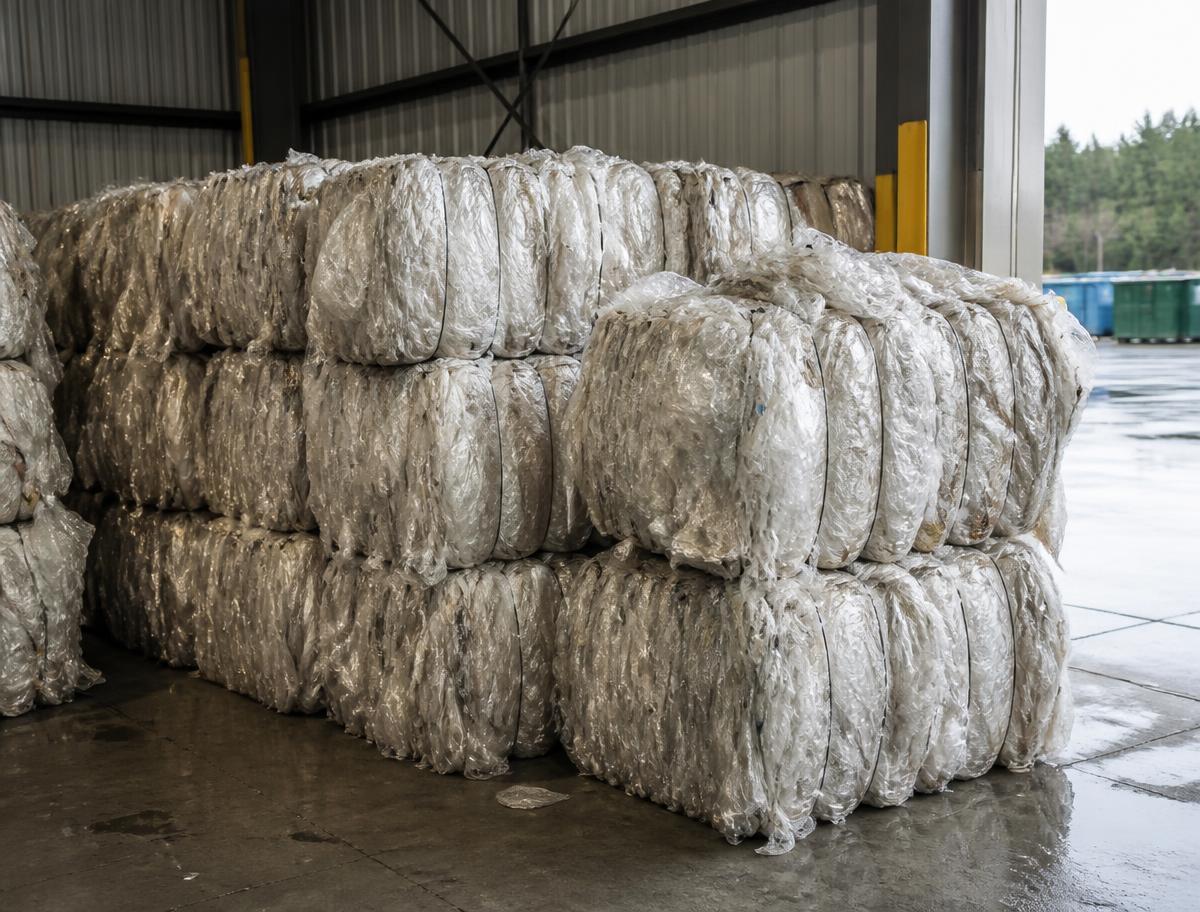 Baled LDPE film and stretch wrap in a warehouse loading bay