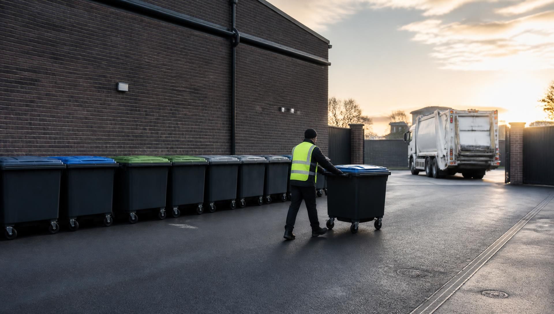 An operative moving a waste container across a tidy service yard towards a collection vehicle.