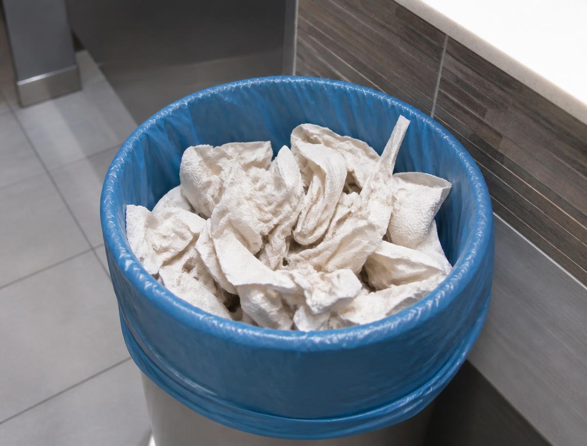 Used paper hand towels collected separately in a commercial washroom